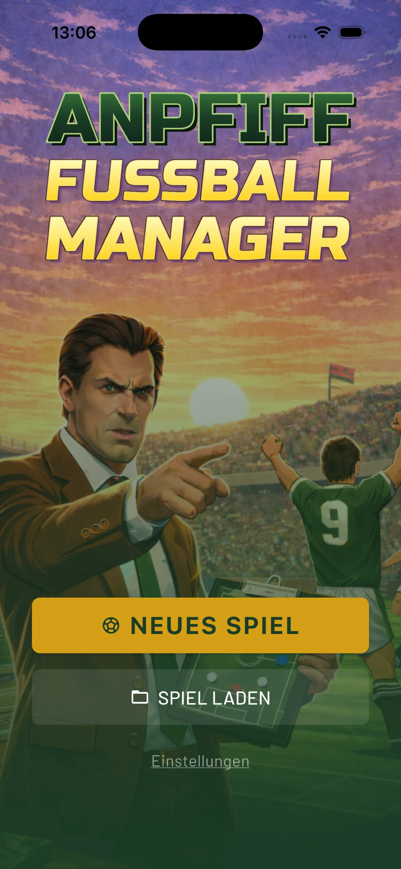 Anpfiff Fussball Manager — Startbildschirm