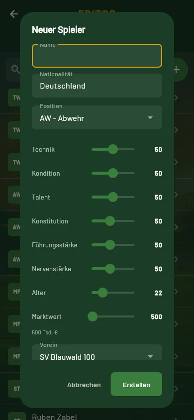 Anpfiff editor — creating a new player