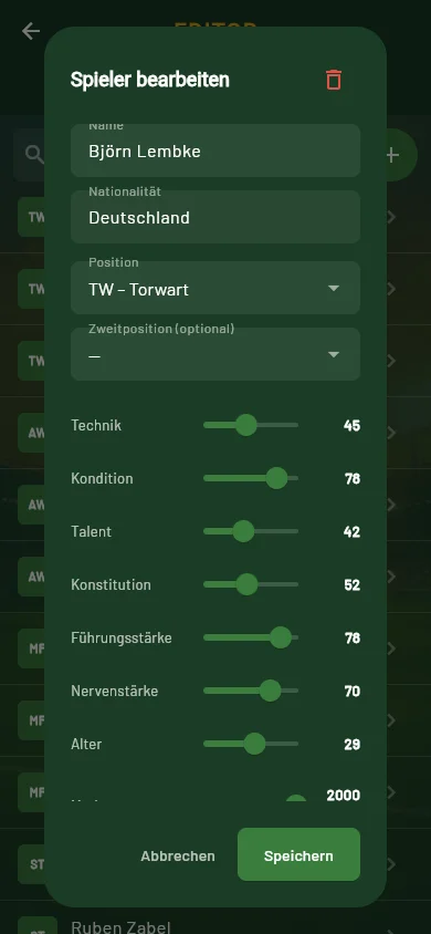 Anpfiff editor — player attributes with sliders for technique, fitness and talent