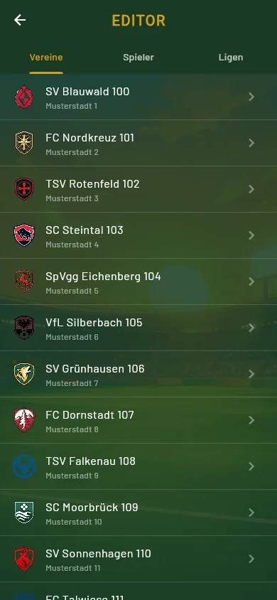 Anpfiff editor — overview of the Clubs, Players and Leagues tabs
