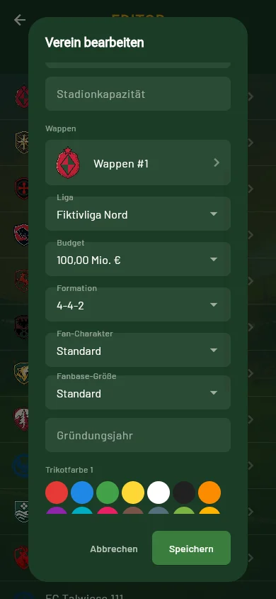 Anpfiff editor — editing a club with badge, colours and formation