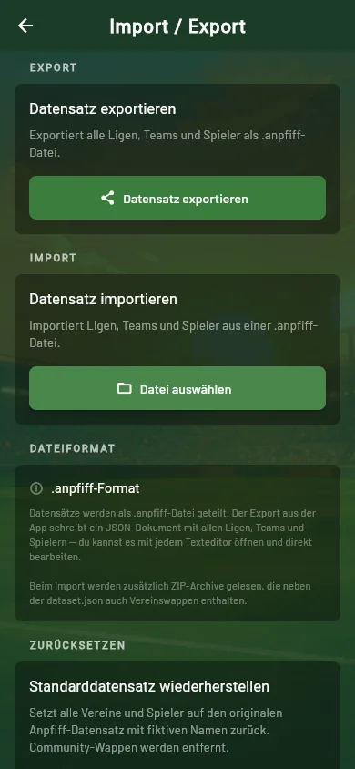 Anpfiff — dataset export and import screen