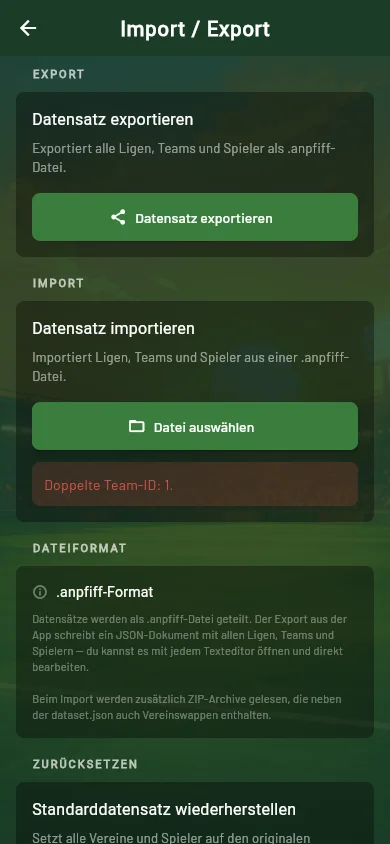 Anpfiff — error message for an invalid dataset, for example a duplicate team ID