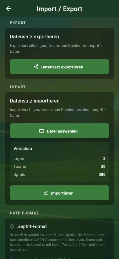 Anpfiff — import preview with counters for leagues, teams and players
